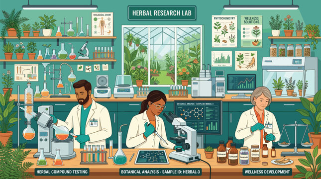 Diverse scientists working in a modern herbal research lab