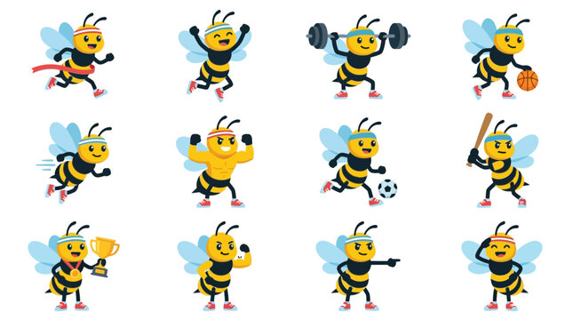 Cute Bee Characters Engaged in Various Sports and Fitness Activities