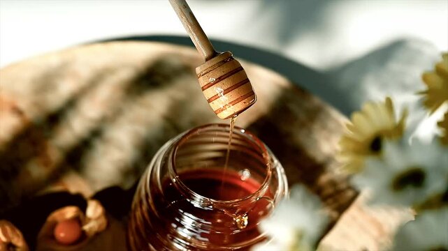 Close-up of golden honey falling from a wooden dipper into a glass beehive jar beside daisies on a wooden board.