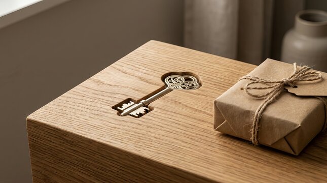 Vintage style skeleton key engraved on a rustic wooden box with a gift parcel.