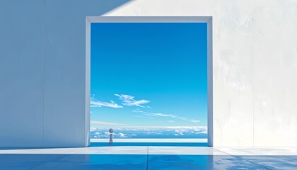 Fototapeta premium Minimalist white square frame with chess pawn, straight-on view looking out to bright sky, surreal 3D digital render, sharp daylight shadows on clear blue sky background.