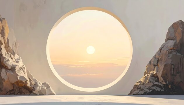 Minimalist circular portal wide shot for meditation digital art with warm sunset lighting on rocky desert landscape background.