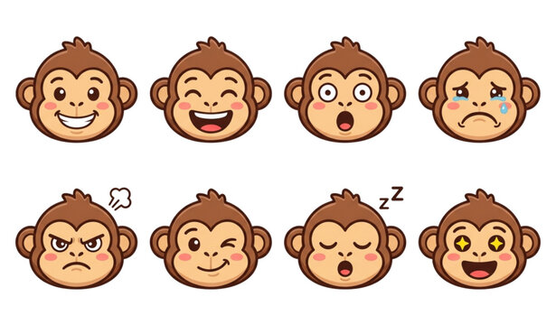 Cute Cartoon Monkey Emoticon Vector Set