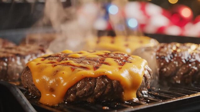 Close up of cheeseburgers cooking on a barbecue grill.