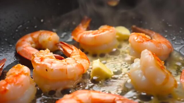 shrimp curling and firming in skillet macro close-up while garlic and butter sizzle between pieces during slow camera rotation, showing cooking process, seafood preparation and rich texture