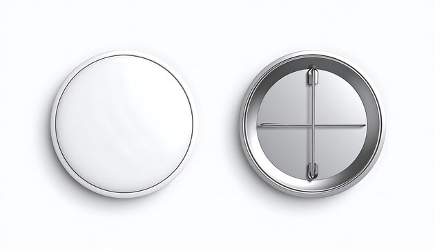 Isolated pair of blank circular button pins showing front and back view with metal pin clasp for custom design and branding mockups