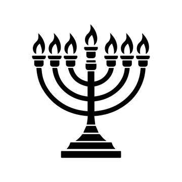 A vector graphic illustration of a menorah with seven lit candles representing Hanukkah using minimal flat design style with clean lines and transparent background