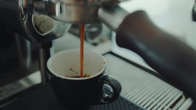 4K Pouring coffee stream from professional machine in cup. Barista man making double espresso, using filter holder. Flowing fresh ground coffee. Drinking roasted black coffee in the morning.