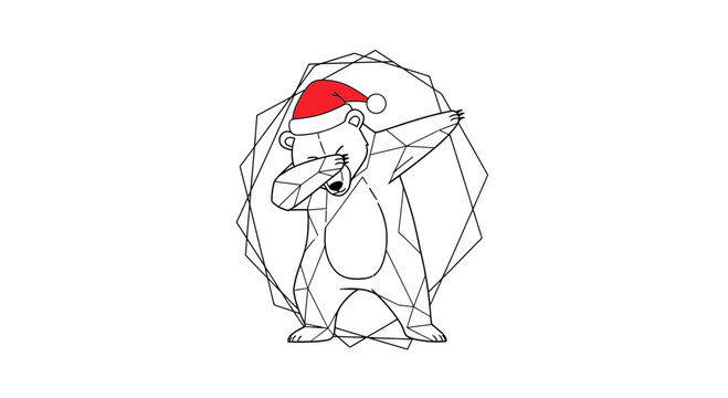 Cute Cartoon Bear Dabbing in Santa Hat, Geometric Design, Christmas Celebration