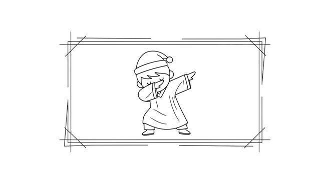 Cute cartoon boy in pajamas and nightcap doing dab dance pose, black and white sketch