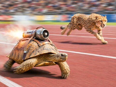 a photo of a tortoise and a cheetah racing against each other on a running track.