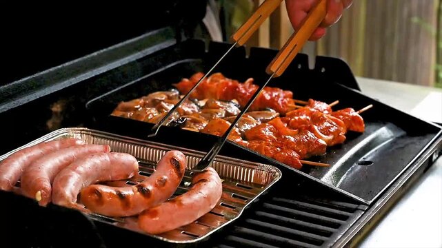 A hand using tongs to turn assorted marinated meat skewers beside sausages on an outdoor gas barbecue at a forest cabin. A lively summer cookout scene of al fresco grilling and outdoor dining in