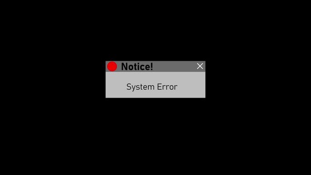 System error alert pop-up window on black background, digital technology warning notification for software failure or computer glitch concept
