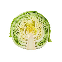Fototapeta premium Vibrant, fresh iceberg lettuce, sliced horizontally, revealing tight layers, green to pale yellow, on a clean transparent studio background, top-down view Concept of healthy eating