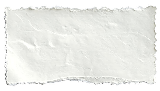 Isolated rectangular piece of torn white paper with rough deckle edges, textured stationery, rustic document template for invitations or announcements