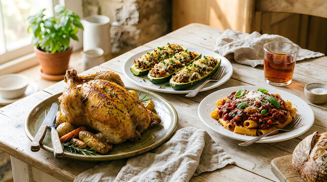 Delicious roasted chicken with pasta and zucchini on a wooden table with a plant in the background and a glass of juice