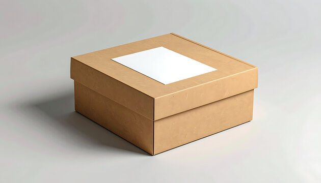 Isolated square cardboard box with white label top, eco friendly packaging, delivery, shipping, retail storage
