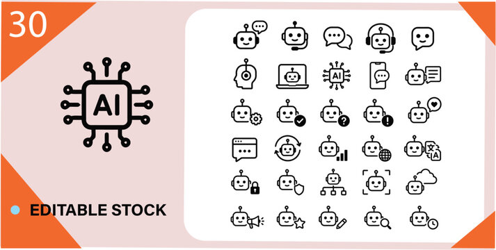 AI Chatbot and Virtual Assistant Icons Set &ndash; Conversational AI, Customer Support, Voice Assistant and Automation Vector Collection