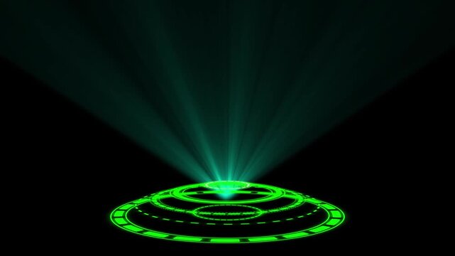 Futuristic green hologram interface projecting light beams on dark background, sci-fi hud rings and digital target display, technology concept.
