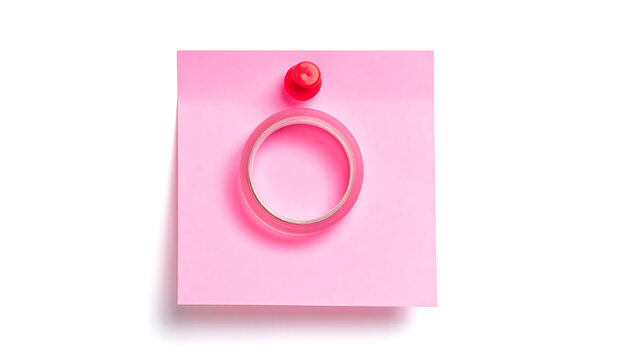 Isolated square pink sticky note with red push pin and circular tape ring, office supply reminders, message board, planning task