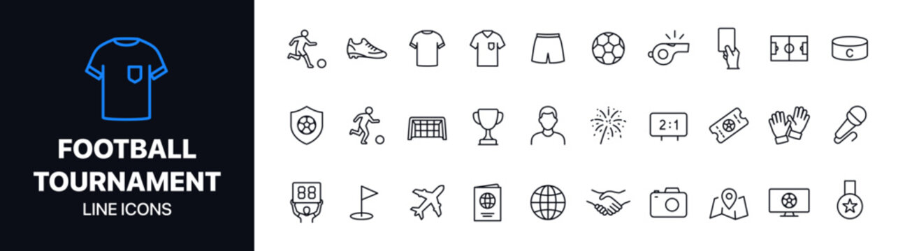 Football tournament line icons set featuring player, cleats, jersey, ball, whistle, trophy, medal, stadium, referee card, and fan gear. Ideal for sports apps, championship branding, and football event