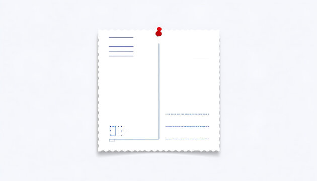 Isolated square white note paper with perforated edges pinned by a red pushpin, memo blank space for reminders and business notes