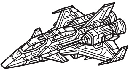 Fototapeta premium Futuristic spaceship line art vector with detailed mechanical parts and engines for sci-fi coloring book and creative projects