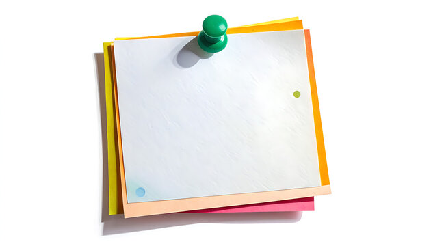 Isolated stacked colorful sticky notes attached with a green push pin for office reminders