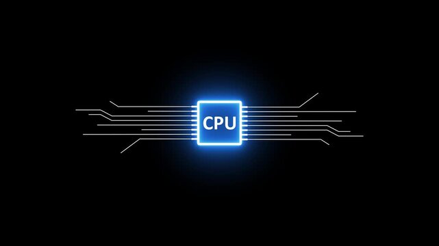 Glowing CPU Processor Chip Animation on Black Background, Central Processing Unit, Digital Circuit, Computer Hardware, High Performance Computing and Modern Technology Concept 4k video animation.