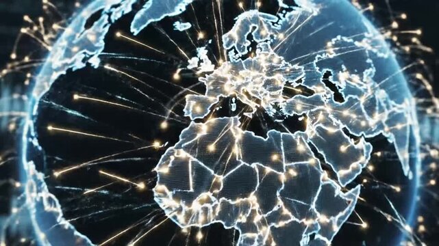 Digital world globe over binary code and data waves.