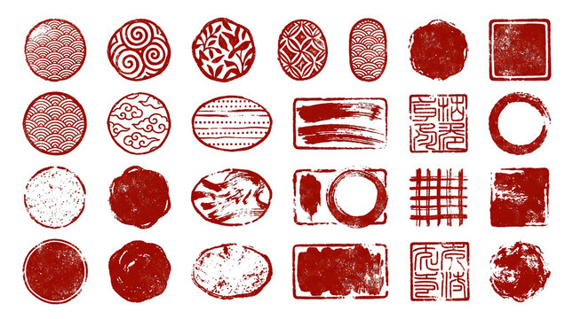 Set of traditional japanese red stamps, ink seals, and hanko marks collection of various geometric shapes, textures, and patterns isolated on transparent background