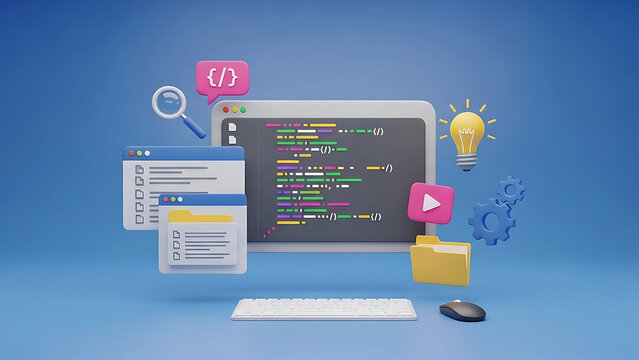 Computer screen with code windows keyboard mouse lightbulb gears coding programming