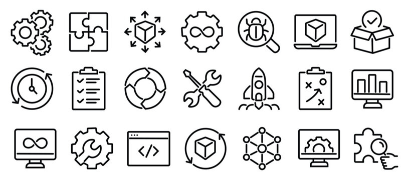 DevOps development and operations concept editable stroke outline icons set isolated on white background flat vector illustration. Pixel perfect. 64 x 64 