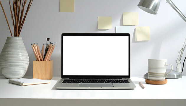 Modern laptop with empty white screen on desk, workspace setup, mockup for digital marketing, remote work station
