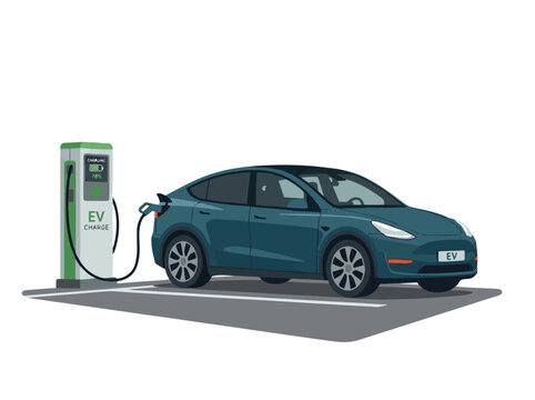 Electric vehicle charging at an EV charging station plug. Blue modern ecofriendly clean energy sedan car plugged into wall box station power grid. Vector illustration.