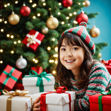 happy young smiling girl wearing striped winter woolen hat lying comfortably next wrapped red white christmas gifts illuminated decorated pine tree.