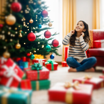 young smiling girl sitting on the floor looking at a decorated fir tree surrounded by colorful wrapped presents in a bright living room.