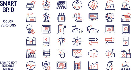 Smart grid renewable energy infrastructure color outline icons set for power generation electrical distribution vector design © MdAnarulIslam