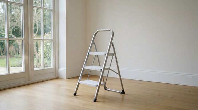 A sturdy metal stepladder standing in a bright empty room.