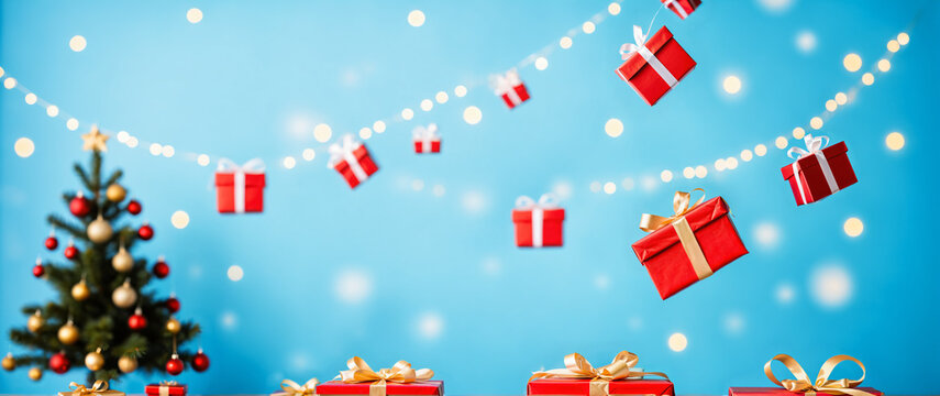 christmas tree and red gift boxes hanging from lights