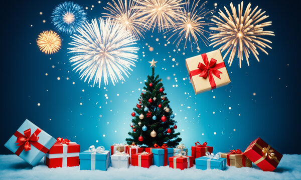 christmas tree with many gift boxes and golden fireworks above