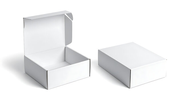 Isolated set of two blank white cardboard mailer boxes for shipping, ecommerce packaging and parcel delivery mockup