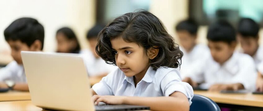 A young Indian student is using a laptop in class, concept digital education, technology in schools, e-learning