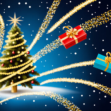 christmas tree with golden string lights and floating red blue gift boxes in snowy night scene