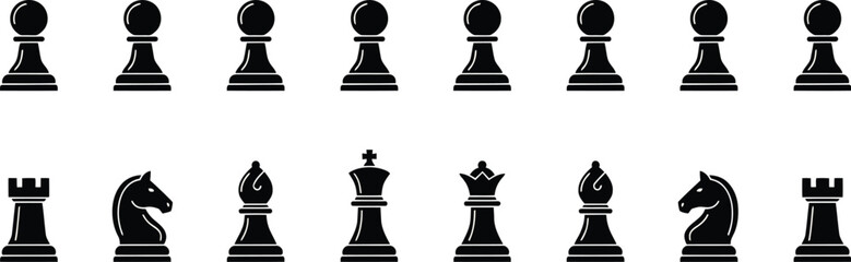 Black chess pieces including pawns rooks knights bishops king and queen © MDSHAHIN