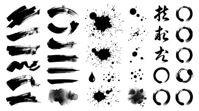 Set of black ink brush strokes, splashes, paint splatters, and zen circles isolated on transparent background