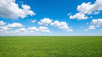 Obraz premium Vast Green Field Under a Bright Blue Sky with Fluffy White Clouds