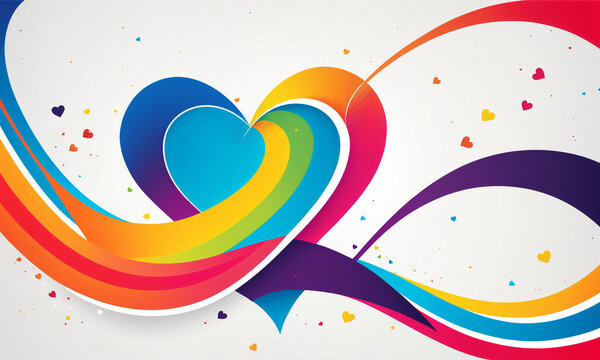 colorful abstract heart shape formed by rainbow swirls with small hearts and colorful dots on light background