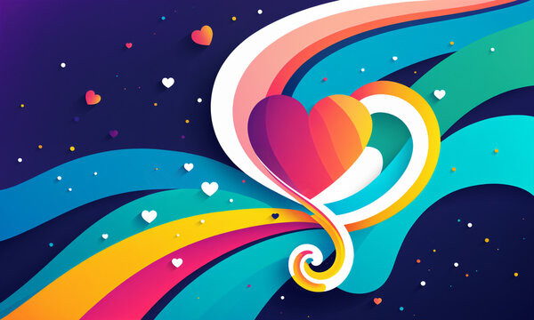 vibrant rainbow heart symbol intertwined with flowing colorful waves and small hearts against dark blue starry background
