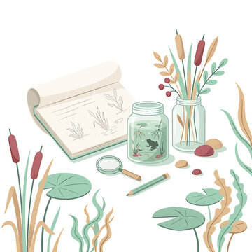 Water plants and journal with magnifying glass.